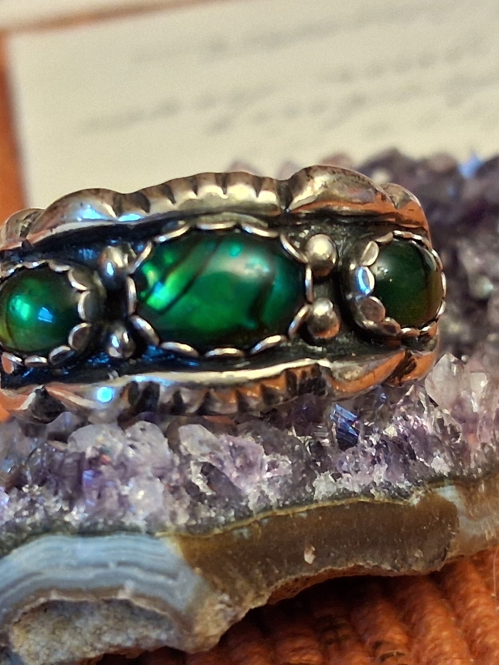 Sterling Silver Green Stone  Ring - Green Cabochon Native American.  Size 12